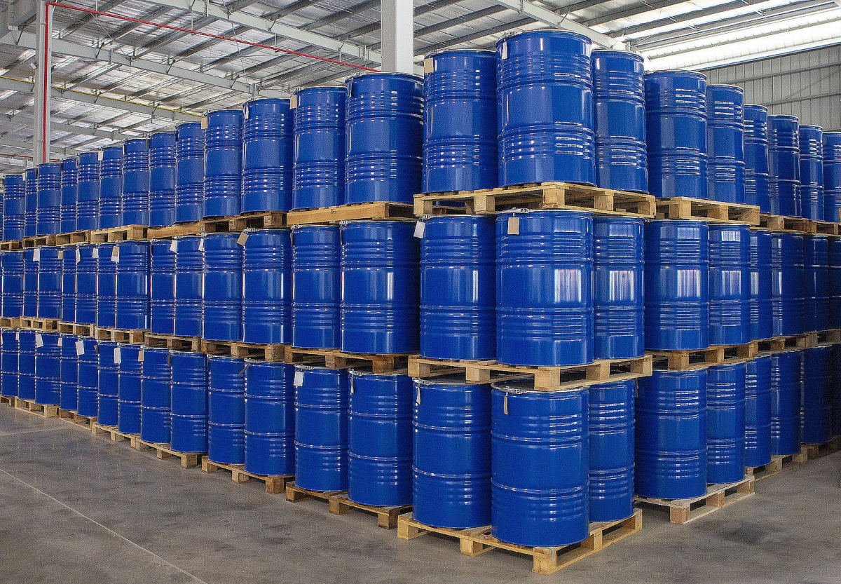 Drums of raw materials in a warehouse